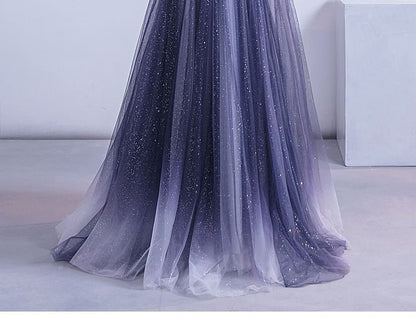 Spaghetti Strap Floral Applique Gradient Ruffle Mesh A-Line Evening Gown