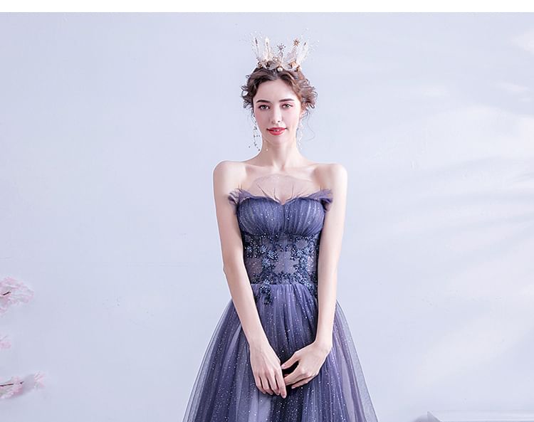 Spaghetti Strap Floral Applique Gradient Ruffle Mesh A-Line Evening Gown