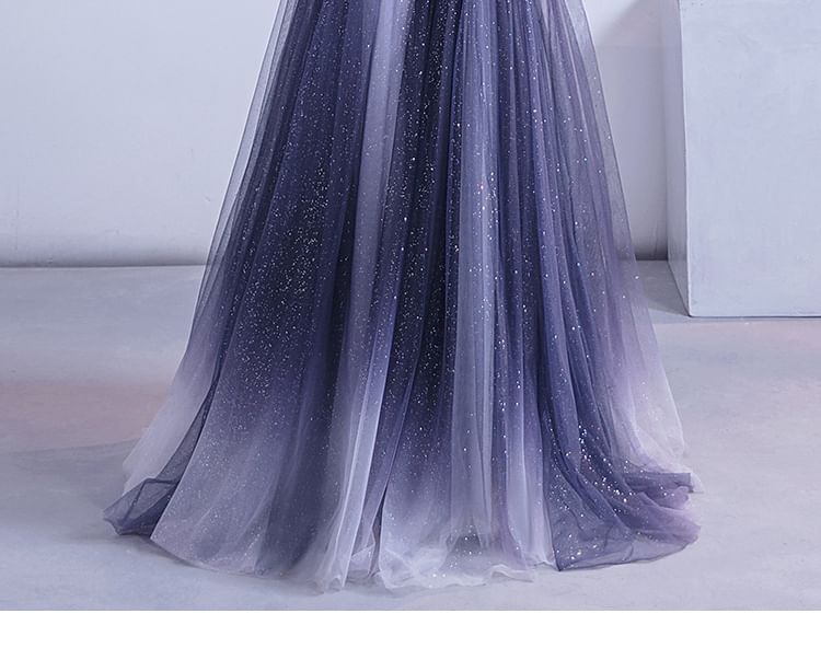 Spaghetti Strap Floral Applique Gradient Ruffle Mesh A-Line Evening Gown