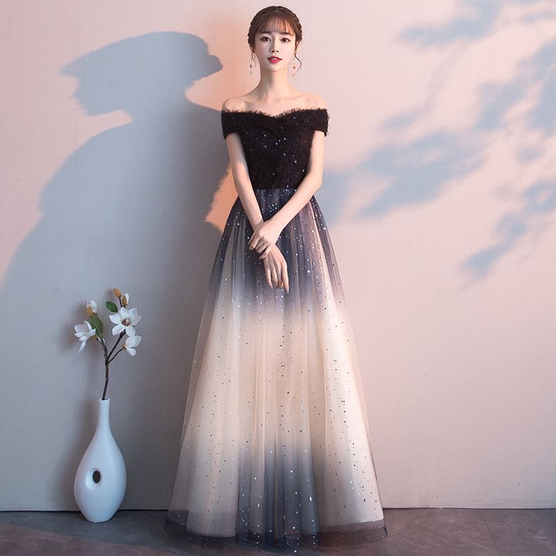 Panel Short Mesh Gown Shoulder Evening Sequin A-Line Gradient Off Sleeve