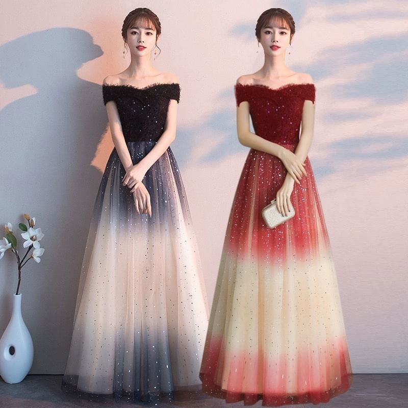 Short Sleeve Off Shoulder Gradient Sequin Panel Mesh A-Line Evening Gown