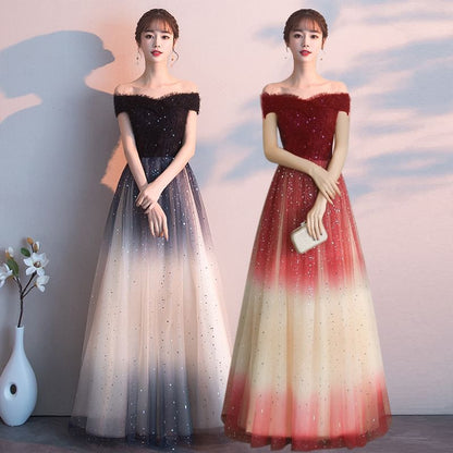 Short Sleeve Off Shoulder Gradient Sequin Panel Mesh A-Line Evening Gown