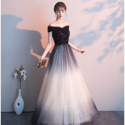 Panel Short Mesh Gown Shoulder Evening Sequin A-Line Gradient Off Sleeve