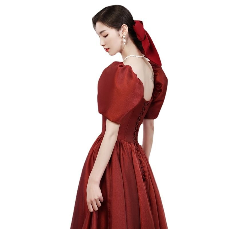 Neck Evening Gown Plain Square Short A-Line Sleeve