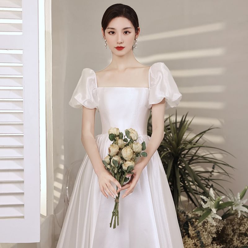 Short Sleeve Square Neck Plain A-Line Evening Gown