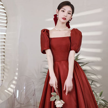 Short Sleeve Square Neck Plain A-Line Evening Gown
