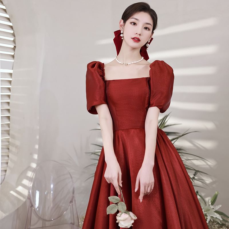 Short Sleeve Square Neck Plain A-Line Evening Gown
