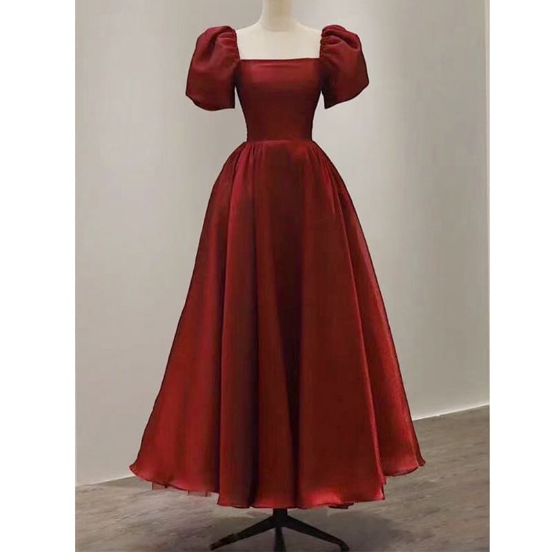 Short Sleeve Square Neck Plain A-Line Evening Gown