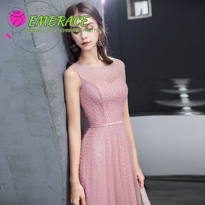 Evening Gown Plain Mesh Neck A-Line Round Sleeveless Sequin