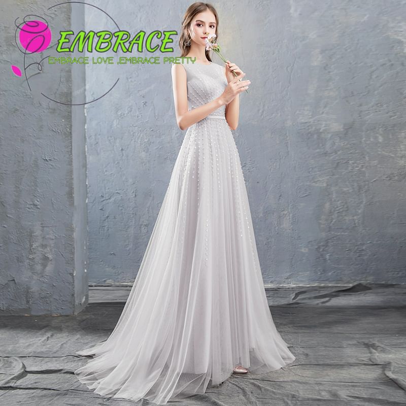 Evening Gown Plain Mesh Neck A-Line Round Sleeveless Sequin