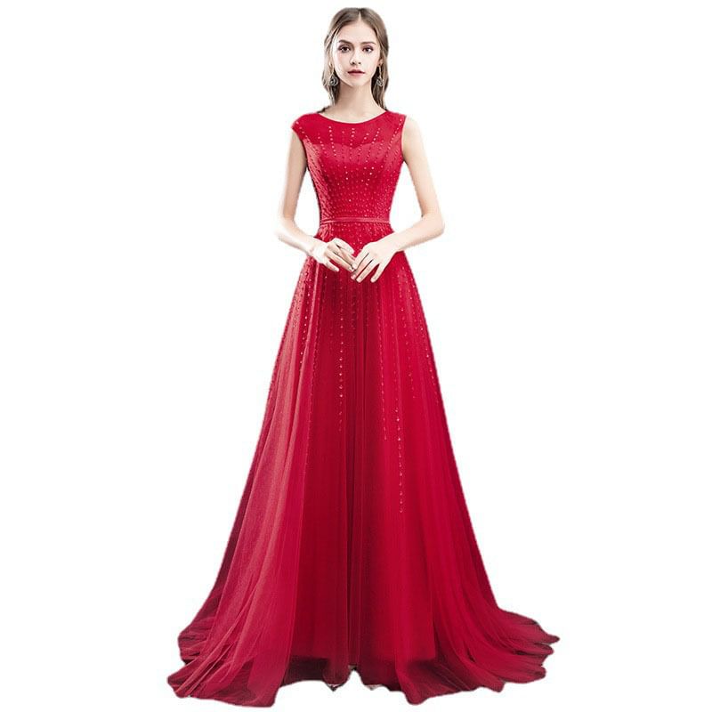 Evening Gown Plain Mesh Neck A-Line Round Sleeveless Sequin