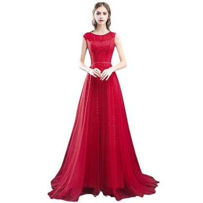 Evening Gown Plain Mesh Neck A-Line Round Sleeveless Sequin
