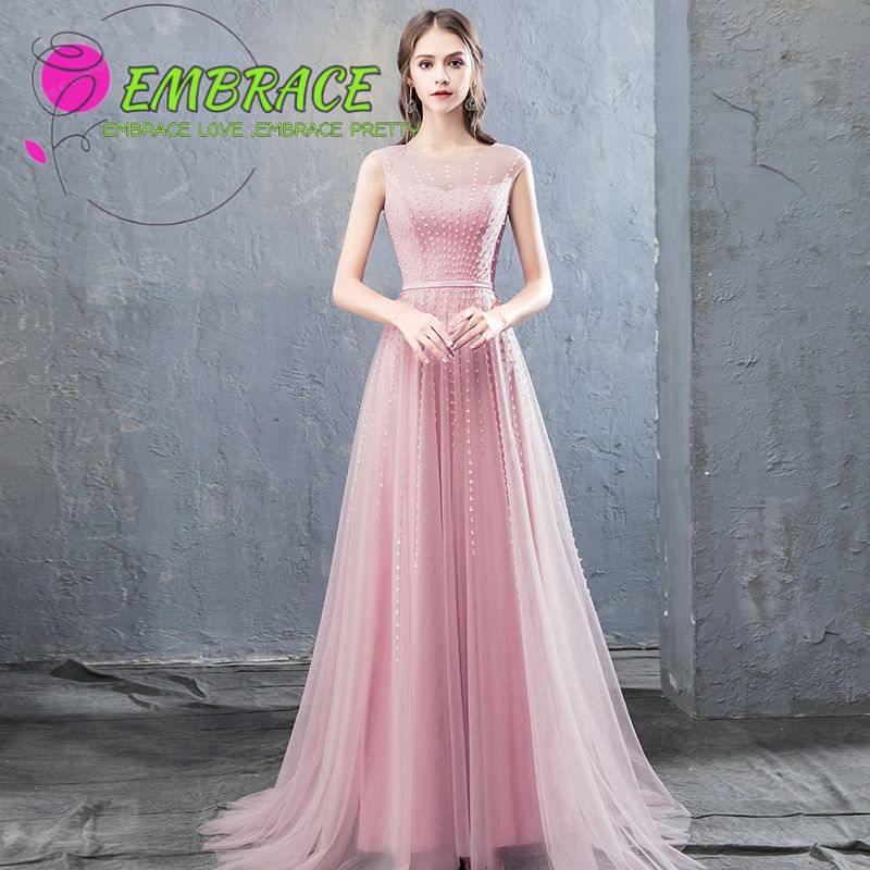 Evening Gown Plain Mesh Neck A-Line Round Sleeveless Sequin
