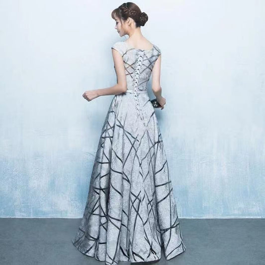 Cap Sleeve Round Neck Geometric Print A-Line Evening Gown