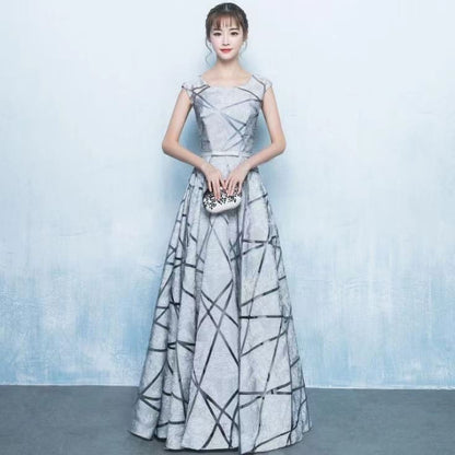 Cap Sleeve Round Neck Geometric Print A-Line Evening Gown