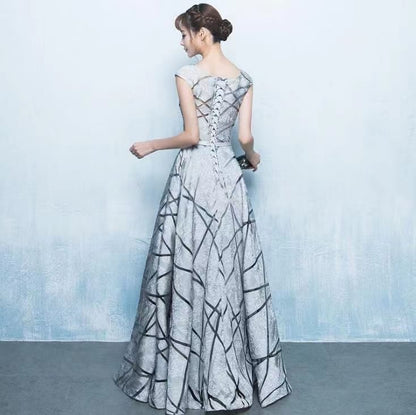 Cap Sleeve Round Neck Geometric Print A-Line Evening Gown