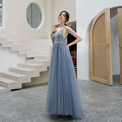 Spaghetti Strap V-Neck Floral Sequin Beaded Embroidered Slit Mesh A-Line Evening Gown