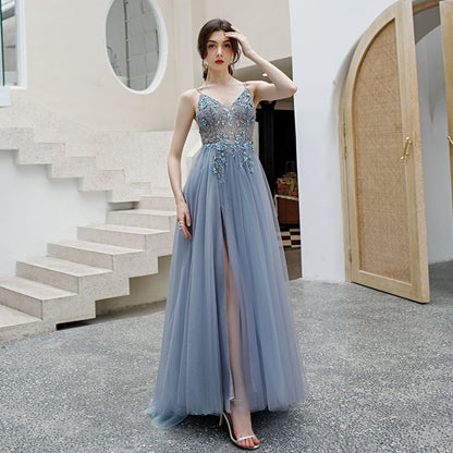 Spaghetti Strap V-Neck Floral Sequin Beaded Embroidered Slit Mesh A-Line Evening Gown