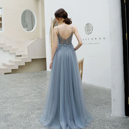 Spaghetti Strap V-Neck Floral Sequin Beaded Embroidered Slit Mesh A-Line Evening Gown