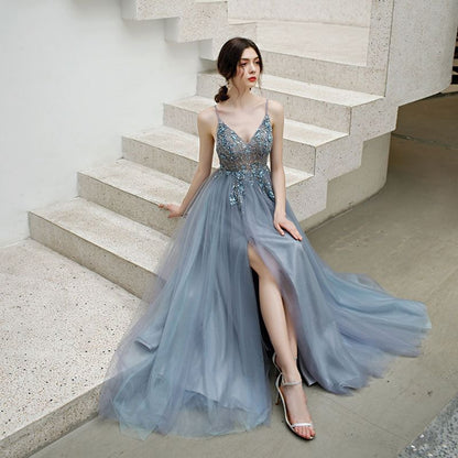 Spaghetti Strap V-Neck Floral Sequin Beaded Embroidered Slit Mesh A-Line Evening Gown