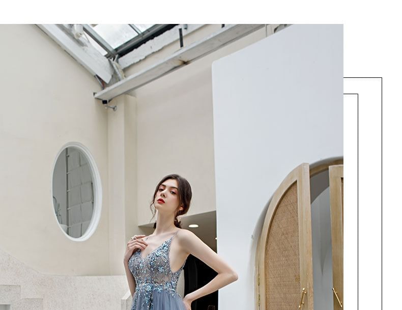 Spaghetti Strap V-Neck Floral Sequin Beaded Embroidered Slit Mesh A-Line Evening Gown