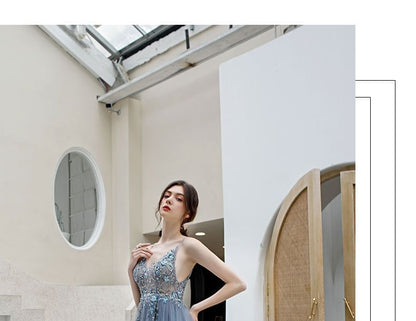 Spaghetti Strap V-Neck Floral Sequin Beaded Embroidered Slit Mesh A-Line Evening Gown