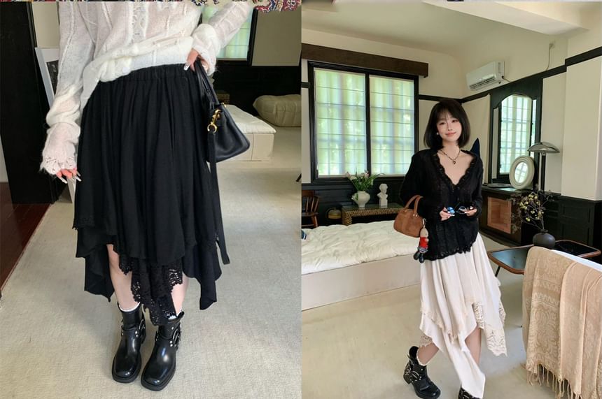 Perforated Asymmetrical A-Line Skirt with High Waist