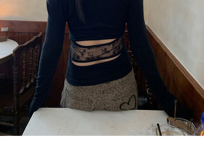 Lace Cutout Round-Neck Long-Sleeve Top