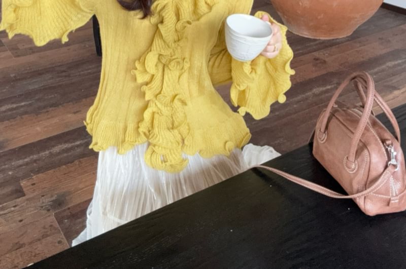 Ruffled Ribbed Knit Long Sleeve Solid Top