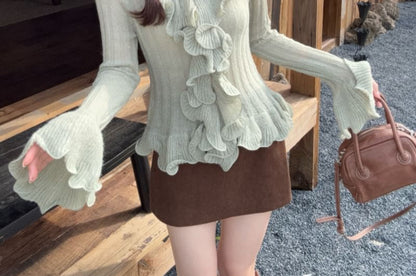 Ruffled Ribbed Knit Long Sleeve Solid Top