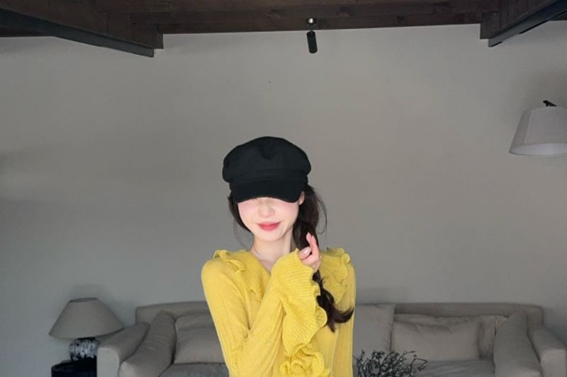 Ruffled Ribbed Knit Long Sleeve Solid Top