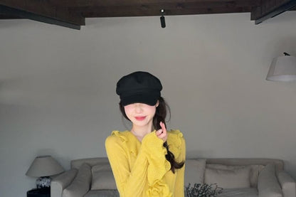 Ruffled Ribbed Knit Long Sleeve Solid Top