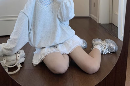 Melange Sweatshirt & Halter Gingham Camisole & Tiered Mini Skirt