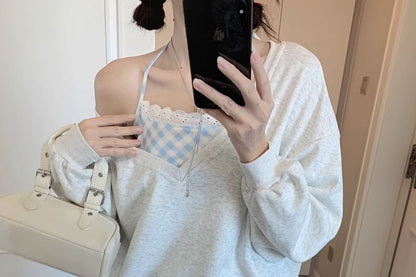 Melange Sweatshirt & Halter Gingham Camisole & Tiered Mini Skirt
