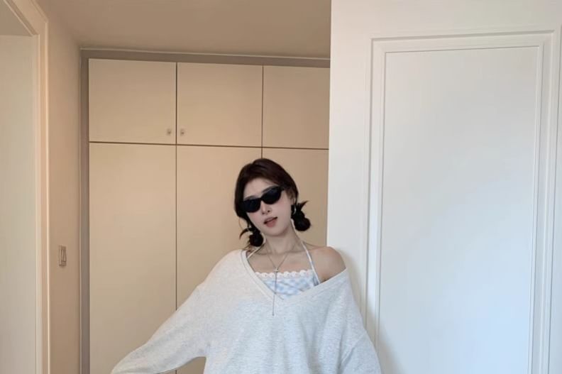 Melange Sweatshirt & Halter Gingham Camisole & Tiered Mini Skirt