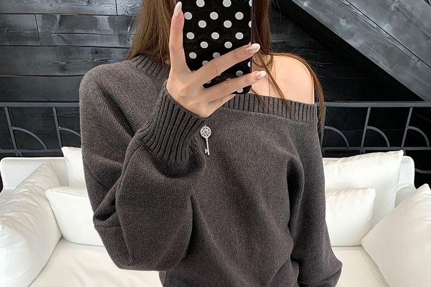 Boat Neck Solid Sweater and Baggy High Waist Pants