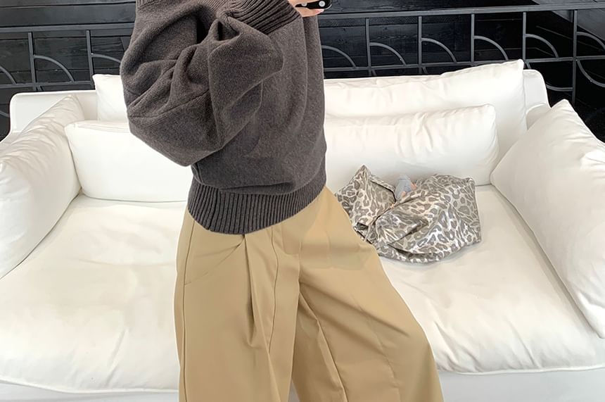 Boat Neck Solid Sweater and Baggy High Waist Pants