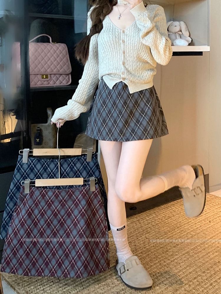 High Rise Plaid A-Line Mini Skirt