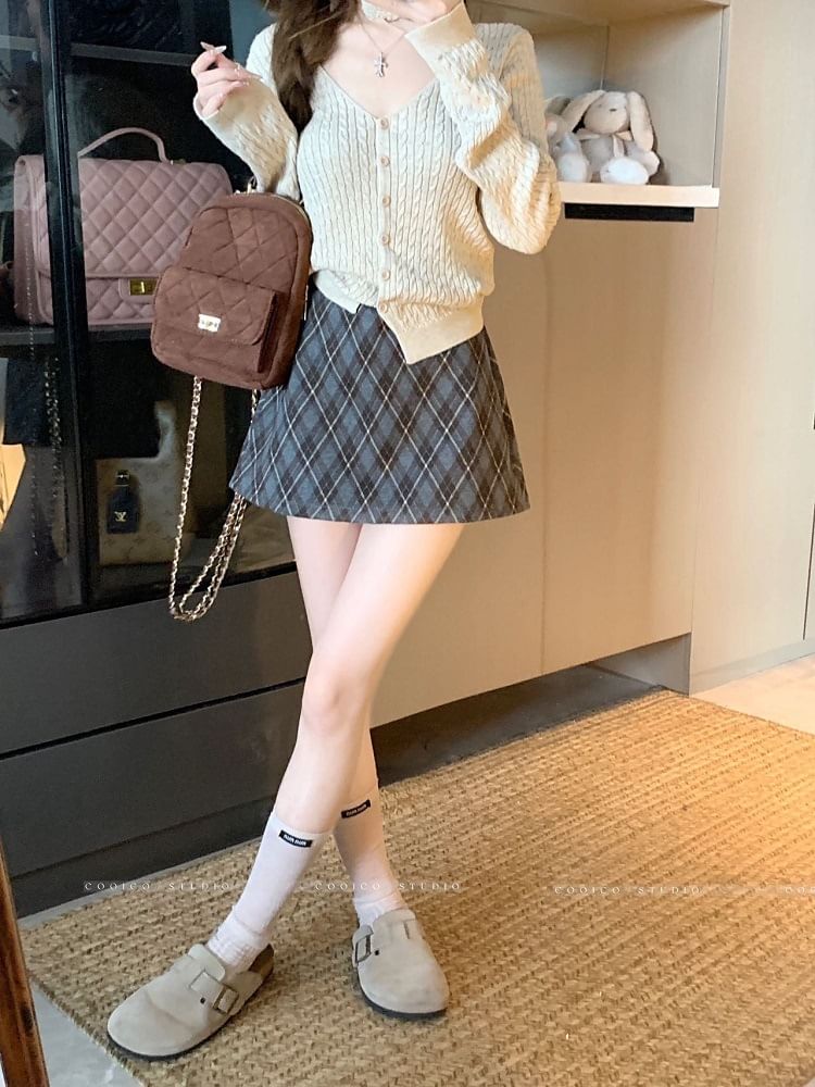 High Rise Plaid A-Line Mini Skirt