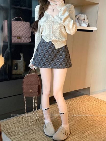 High Rise Plaid A-Line Mini Skirt
