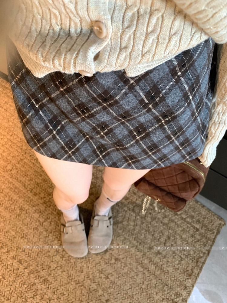 High Rise Plaid A-Line Mini Skirt