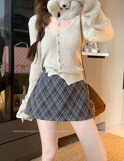High Rise Plaid A-Line Mini Skirt