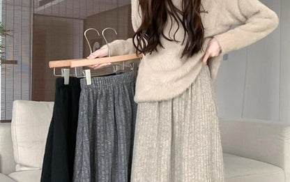 Ribbed Fleece-Lined Midi A-Line Skirt with Elastic Waist