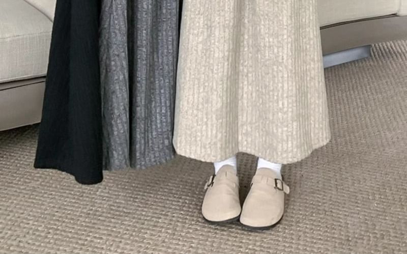 Ribbed Fleece-Lined Midi A-Line Skirt with Elastic Waist