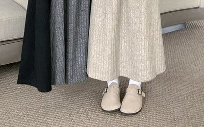 Ribbed Fleece-Lined Midi A-Line Skirt with Elastic Waist