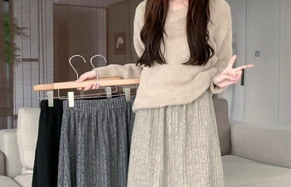 Ribbed Fleece-Lined Midi A-Line Skirt with Elastic Waist