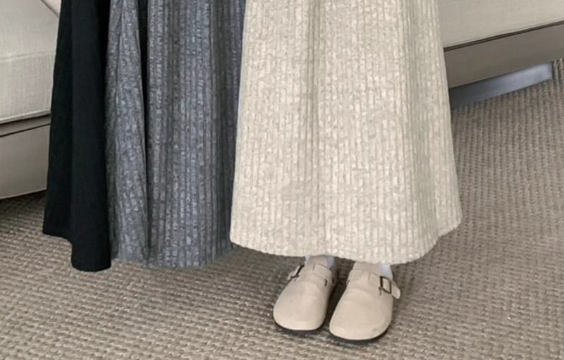 Ribbed Fleece-Lined Midi A-Line Skirt with Elastic Waist