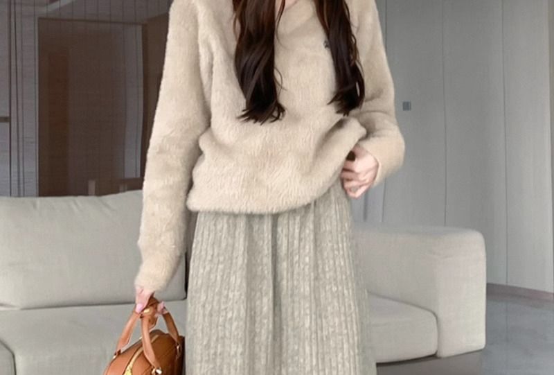 Ribbed Fleece-Lined Midi A-Line Skirt with Elastic Waist