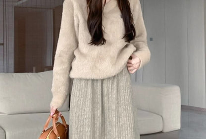 Ribbed Fleece-Lined Midi A-Line Skirt with Elastic Waist