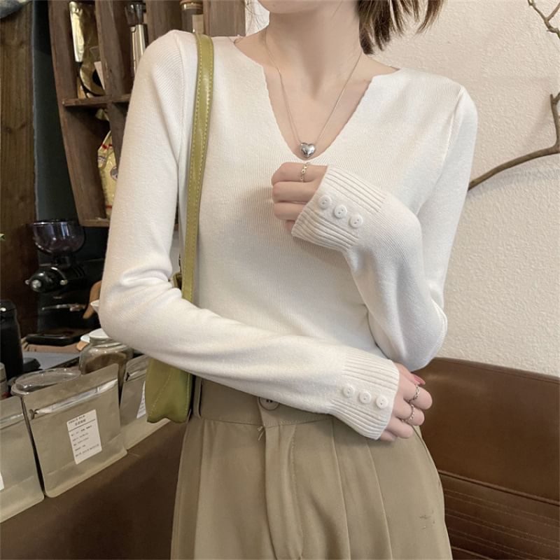 Notch Neck Ribbed Knit Long Sleeve Solid Top